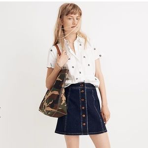 Madewell stretch denim A-line button front mini skirt